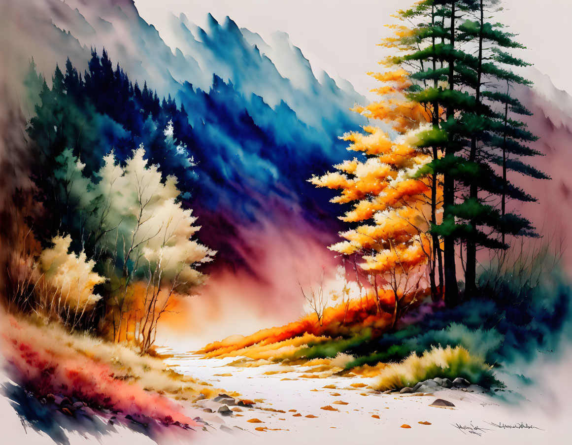 Vibrant Watercolor Painting of Forest with Golden and Green Trees