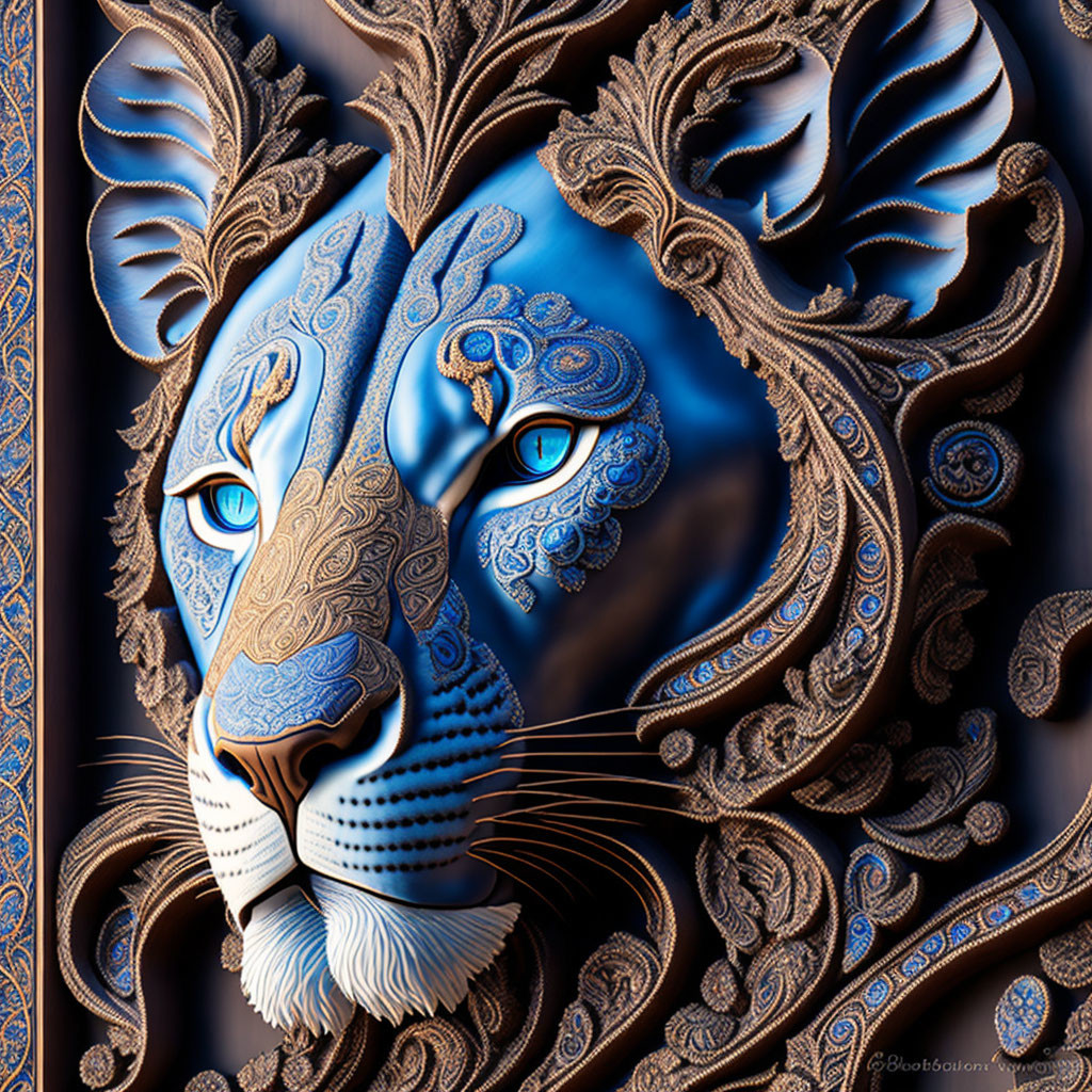 Blue lion with golden ornamental patterns on dark background