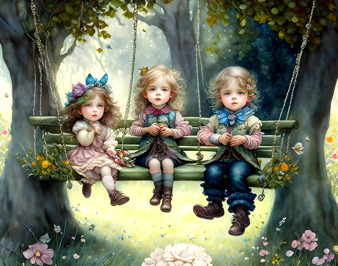 Children on garden swing surrounded by lush greenery and sunlight.