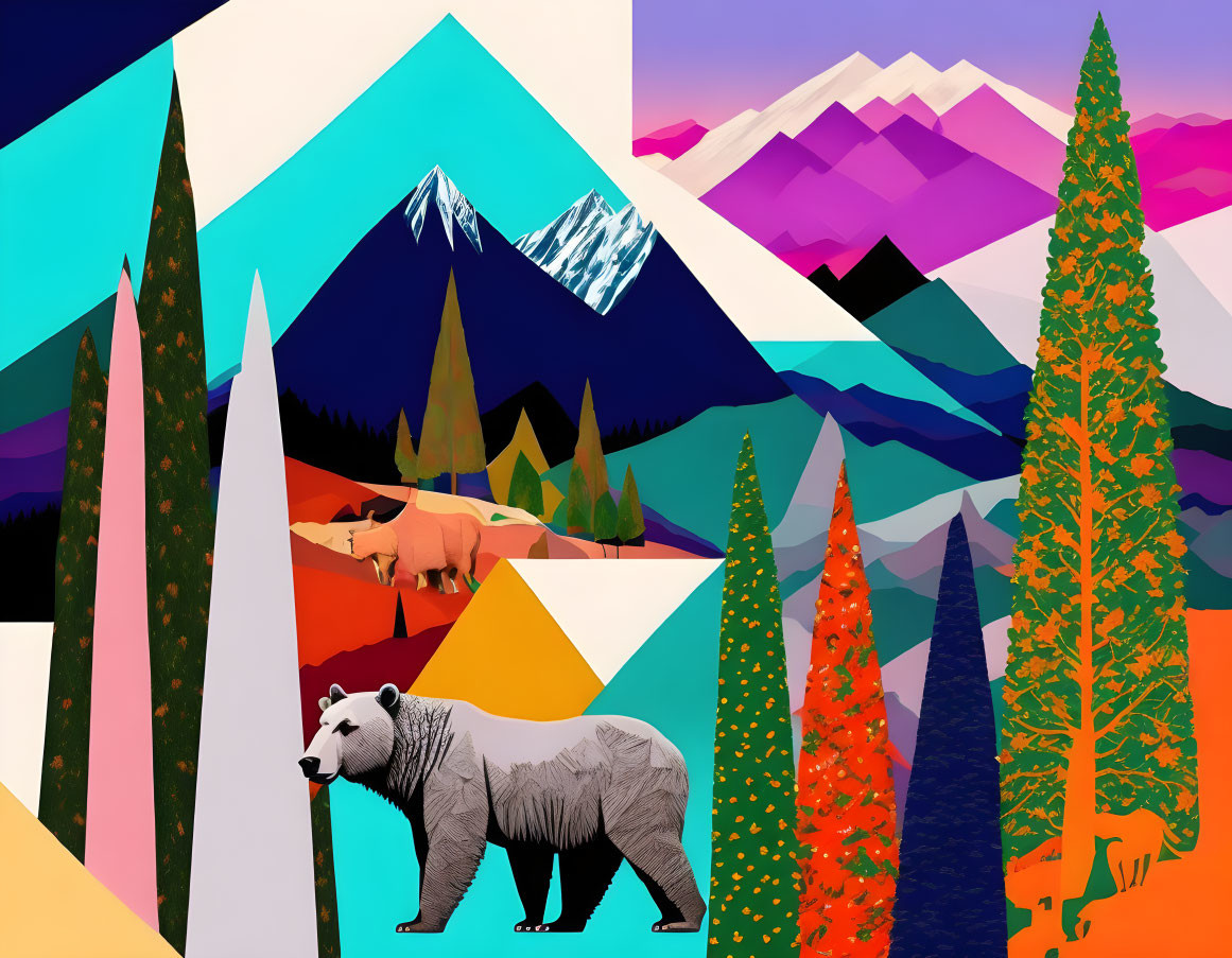 Vibrant abstract digital artwork featuring bear, trees, and mountains