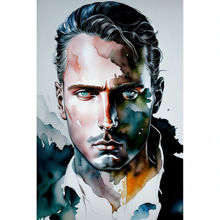 Stylized man with intense blue eyes and dark hair in watercolor on white background