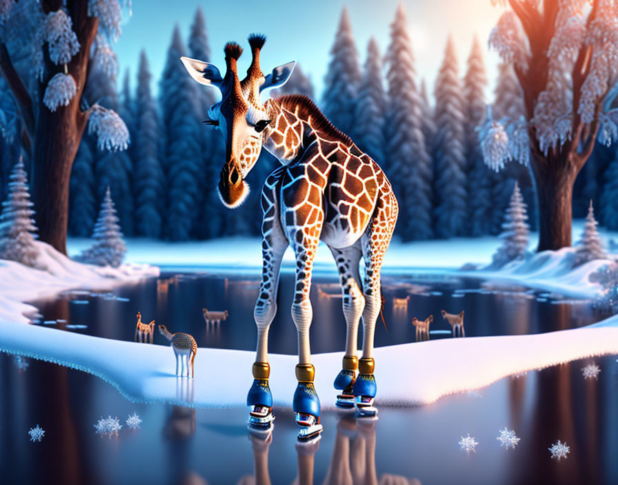 Surreal winter landscape with skating giraffes in snowy forest