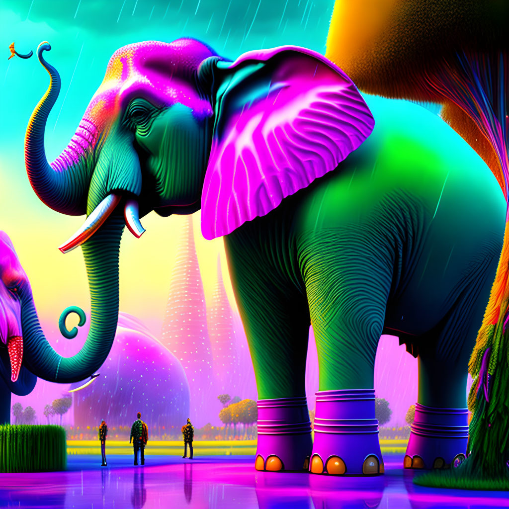 Colorful Stylized Elephants Under Purple Sky with Tiny Human Figures