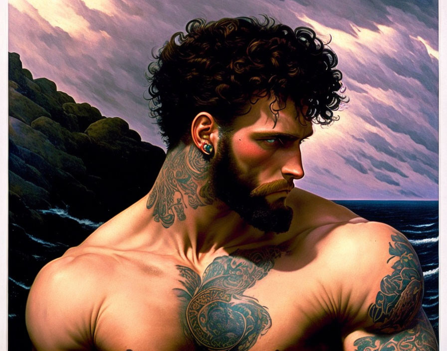 Muscular man with curly hair and tattoos by dramatic sky and ocean.