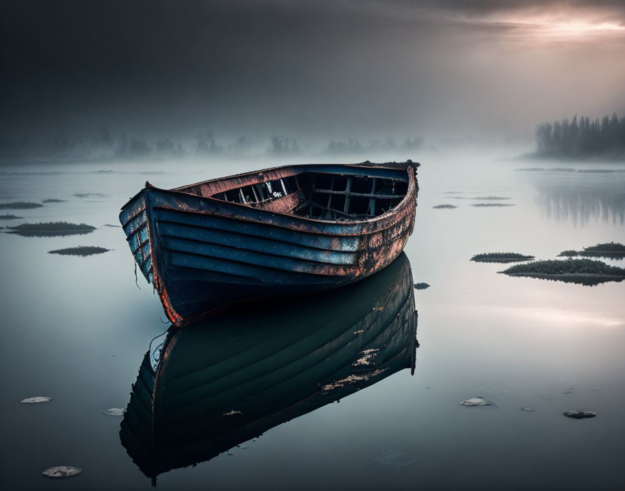 Blue rowboat on calm lake with reflection in misty surroundings