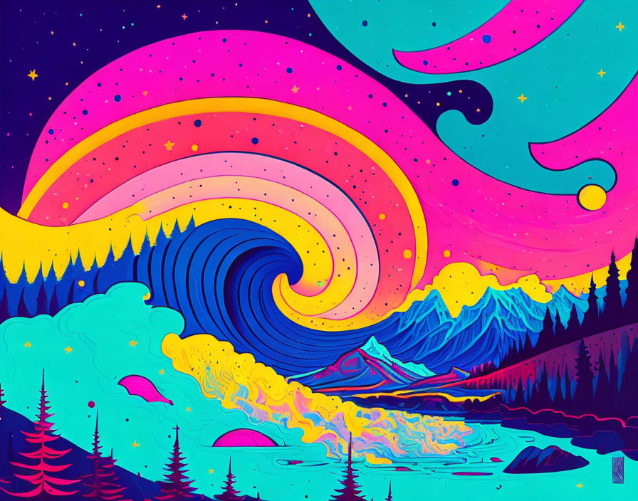 Colorful Psychedelic Mountain Landscape with Swirling Night Sky