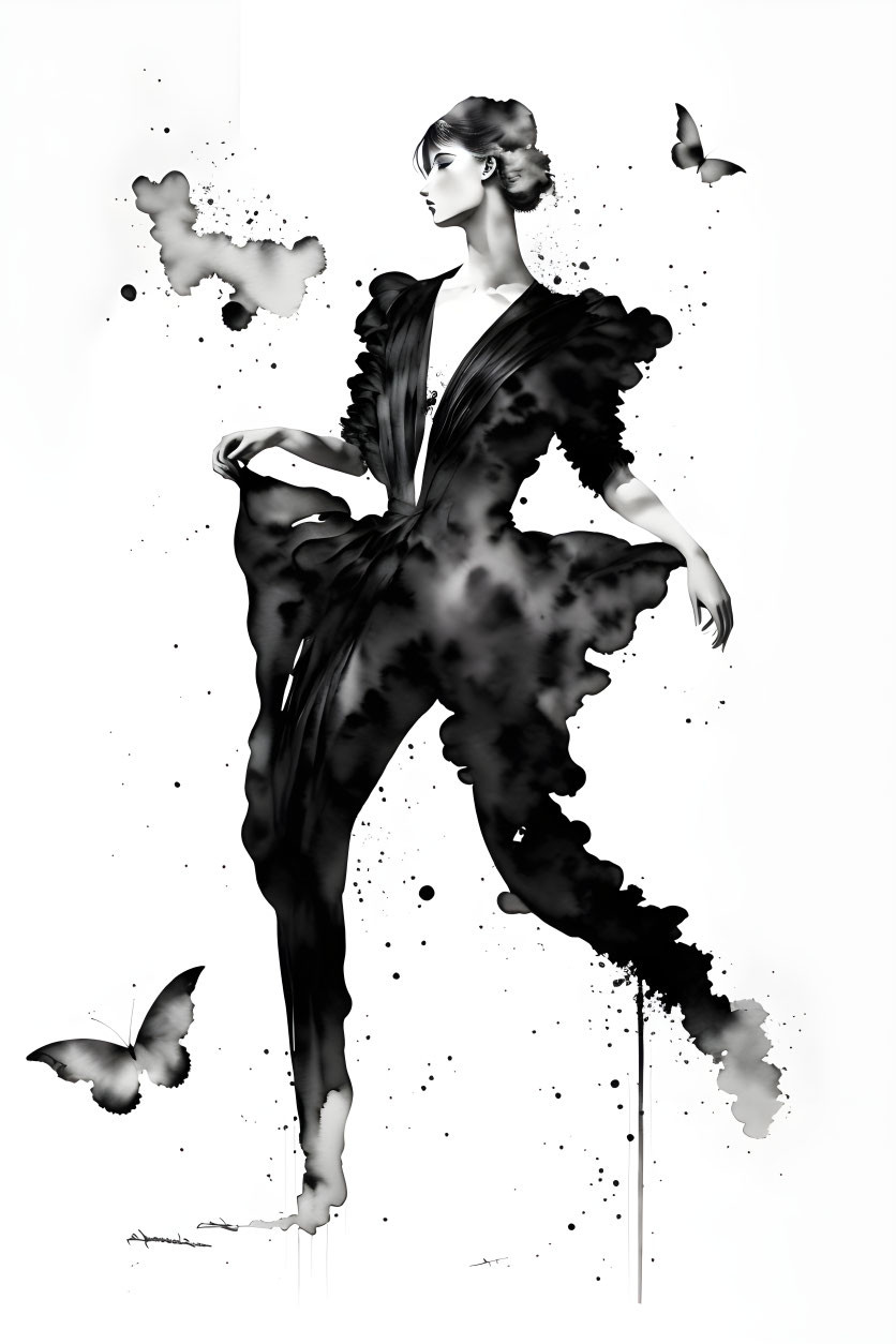 Monochrome illustration of woman in stylish outfit with ink blot details and butterflies