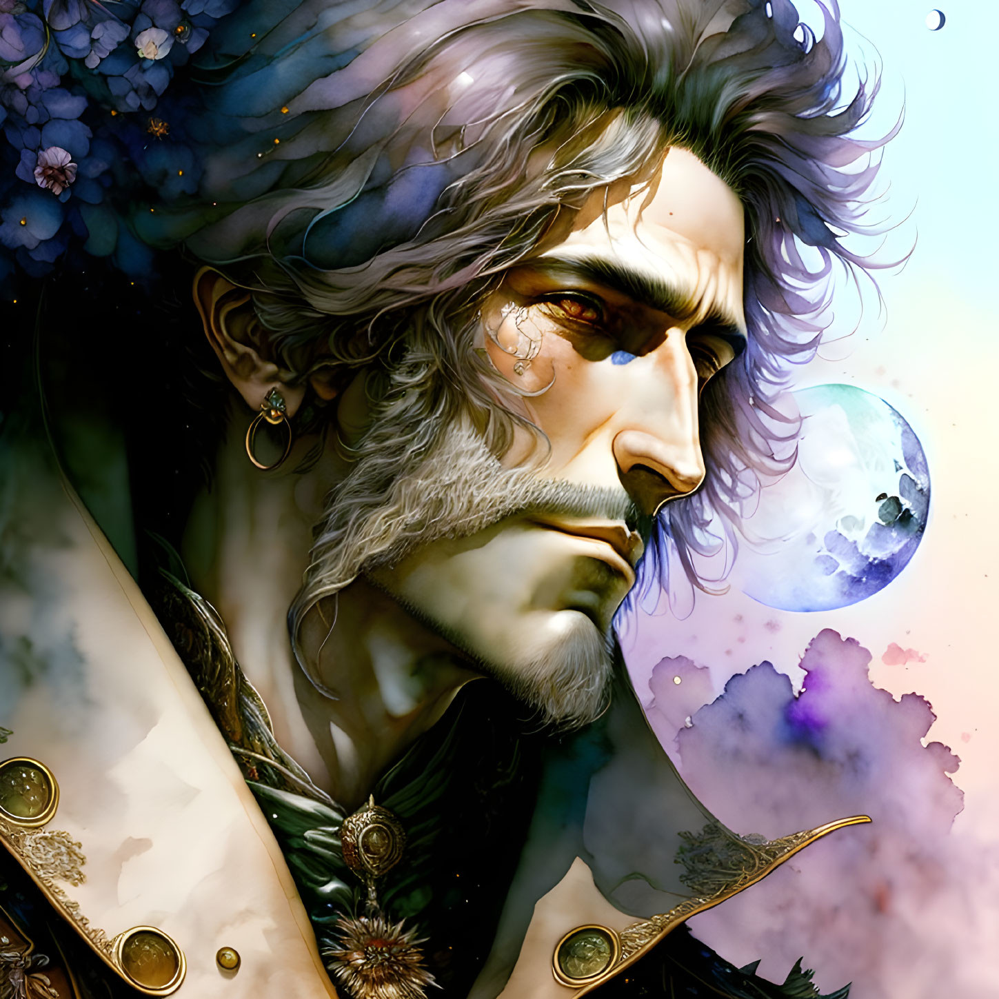 Detailed illustration of regal man with gray hair, earring, and piercing gaze against moon and eth