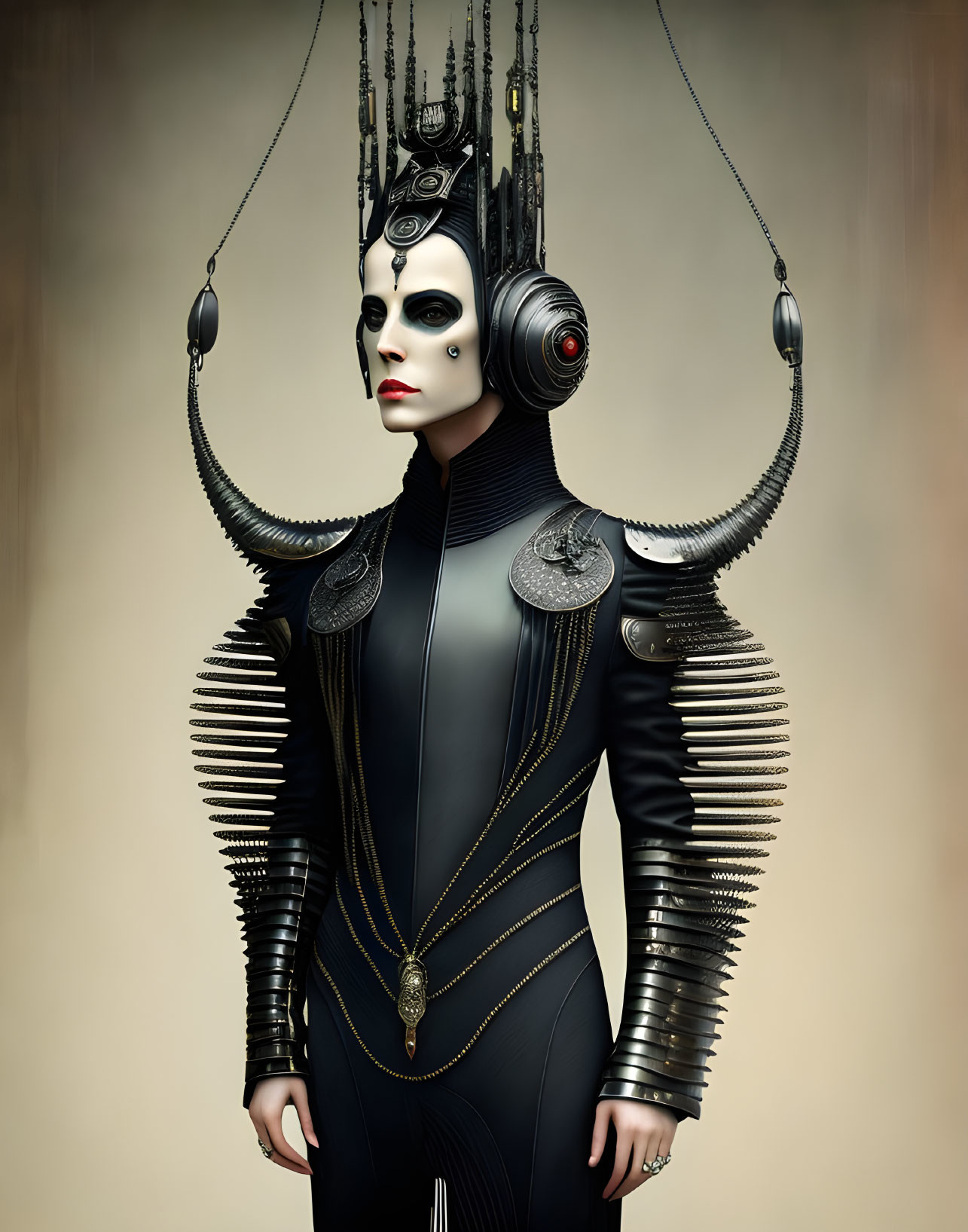 Avant-garde black costume with ornate shoulder details and crown-like headpiece against muted backdrop