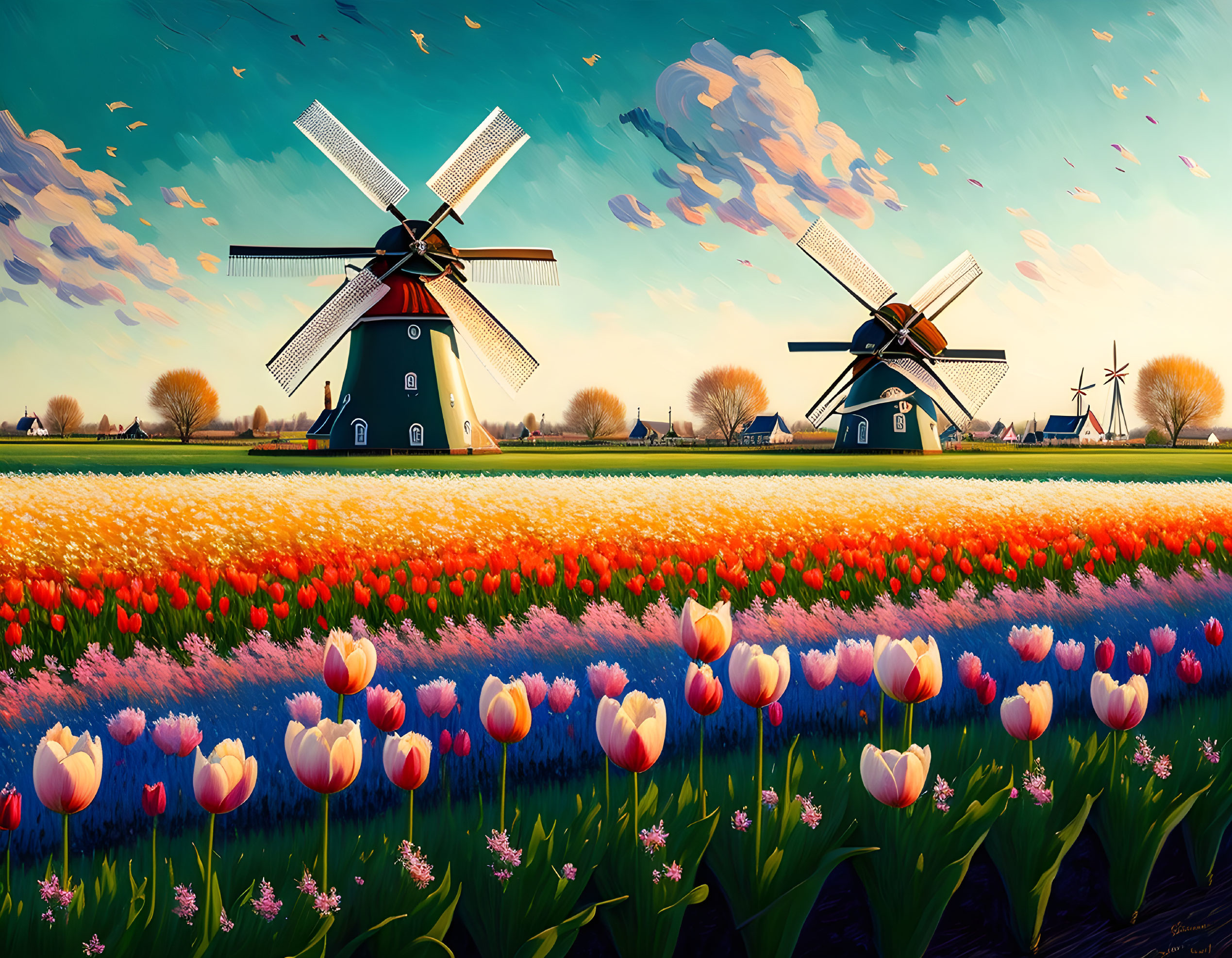 Colorful tulip field with windmills under cloudy sky