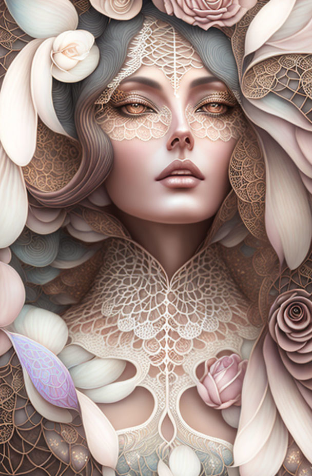 Surreal portrait of a woman with floral and lace elements