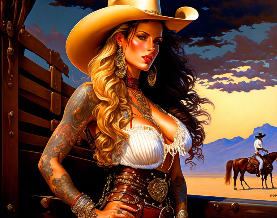 Illustration of woman in cowboy hat with tattoos & horseback rider in sunset landscape