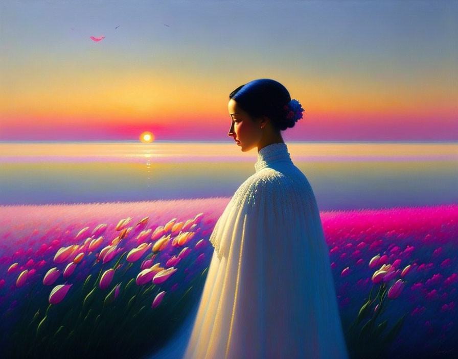 Woman in White Cloak Amid Vibrant Tulip Field at Sunset