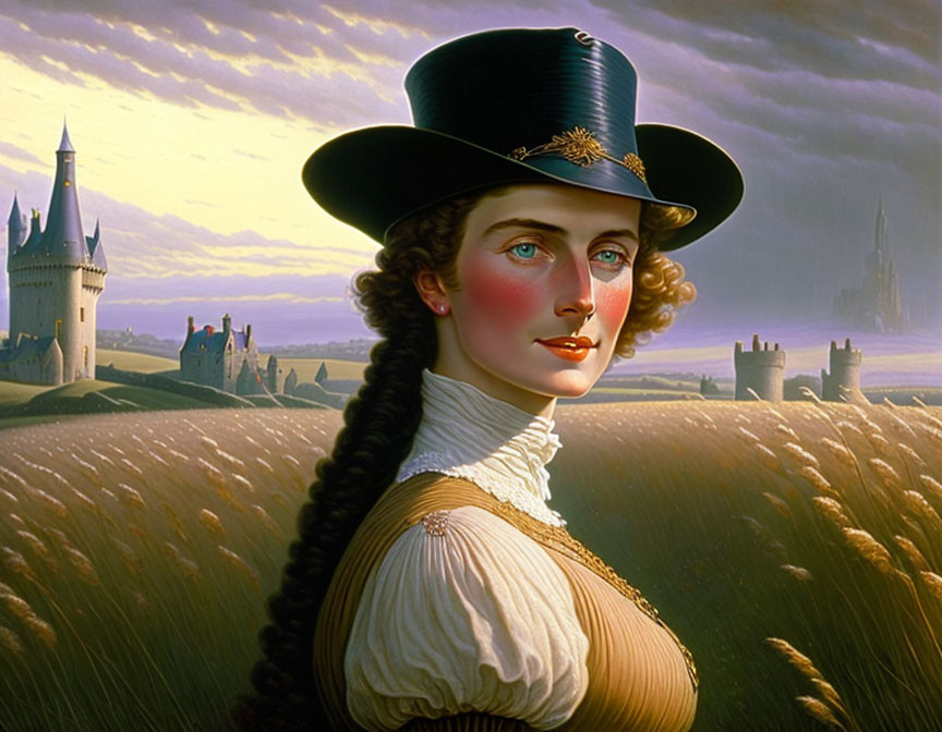 Woman in top hat in wheat field with castle at sunset