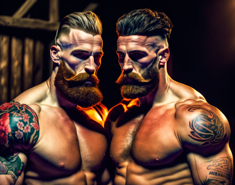 Muscular Men with Styled Beards and Tattoos in Dimly Lit Setting