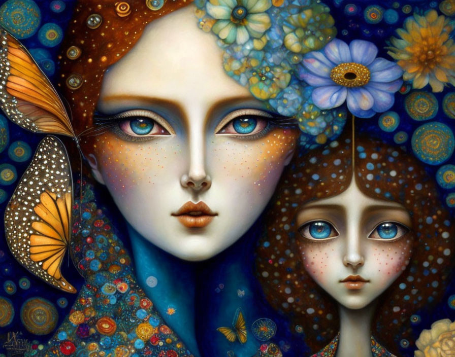 Surreal artwork of two female figures with large eyes and floral motifs