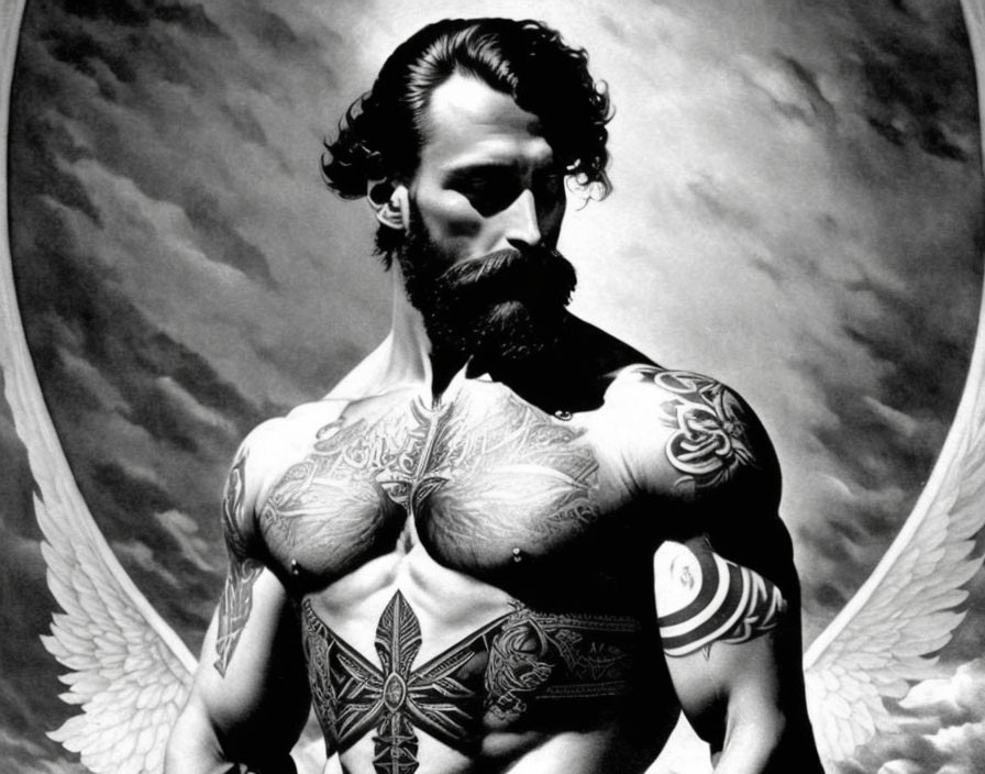 Tattooed man with beard posing against angel wings background