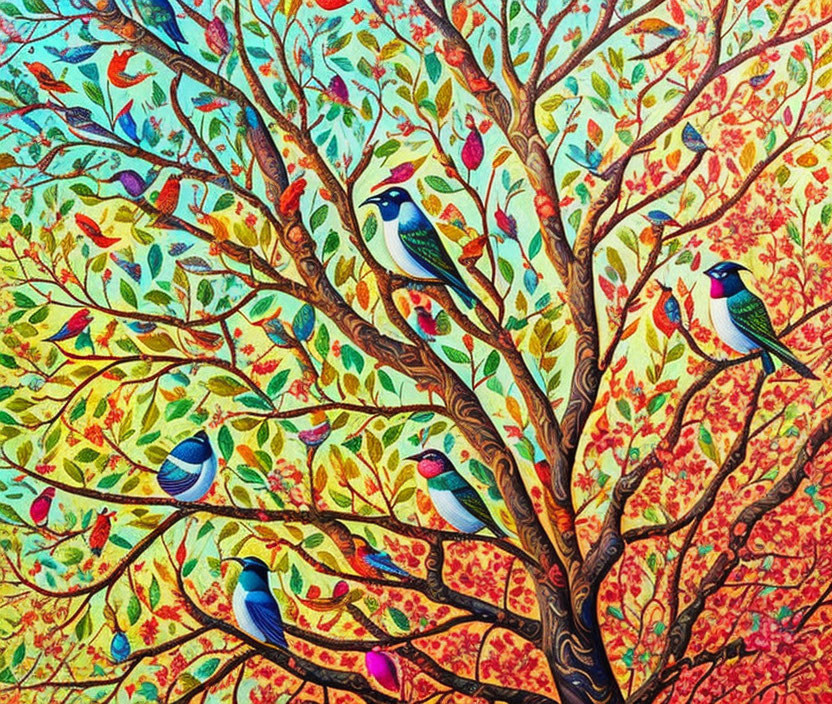 Colorful Tree Painting with Birds on Textured Background