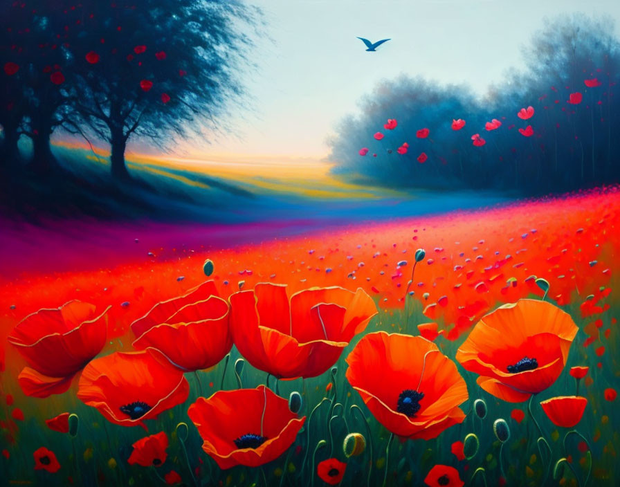 Colorful Poppy Field Painting with Bird in Sky