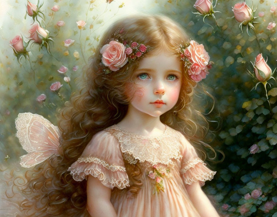 Young girl with fairytale features in pink dress, floral crown, butterfly wings, and roses