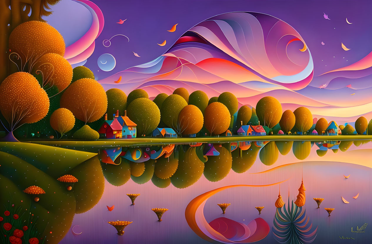 Colorful landscape with rolling hills, houses, and reflective lake under swirling sky