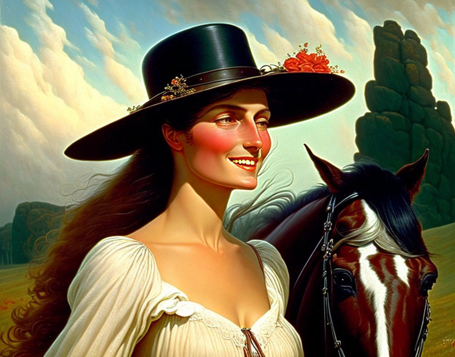 Smiling woman in top hat with horse against blue sky