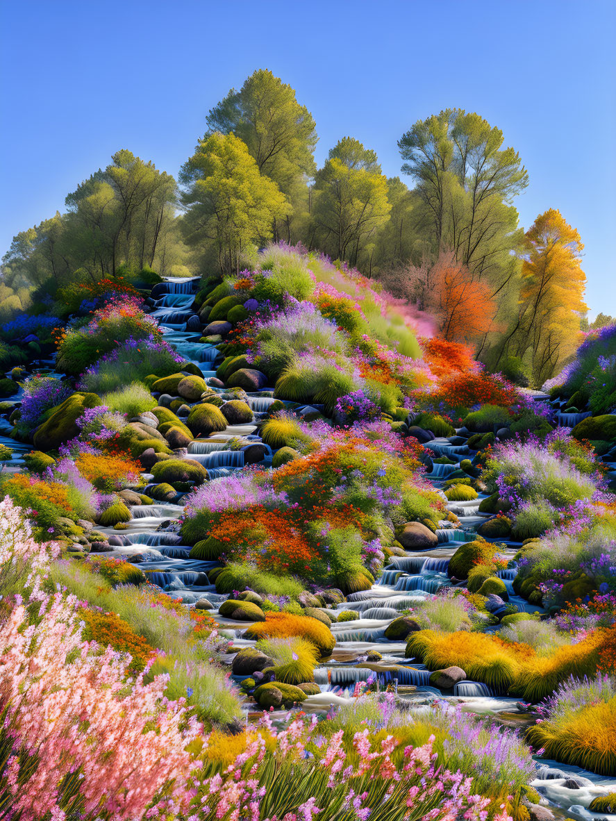 Colorful flower cascade in lush foliage with moss-covered rocks and blue sky