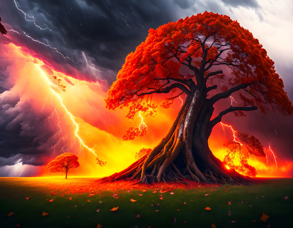 Vibrant tree with red leaves under stormy sky and lightning bolts