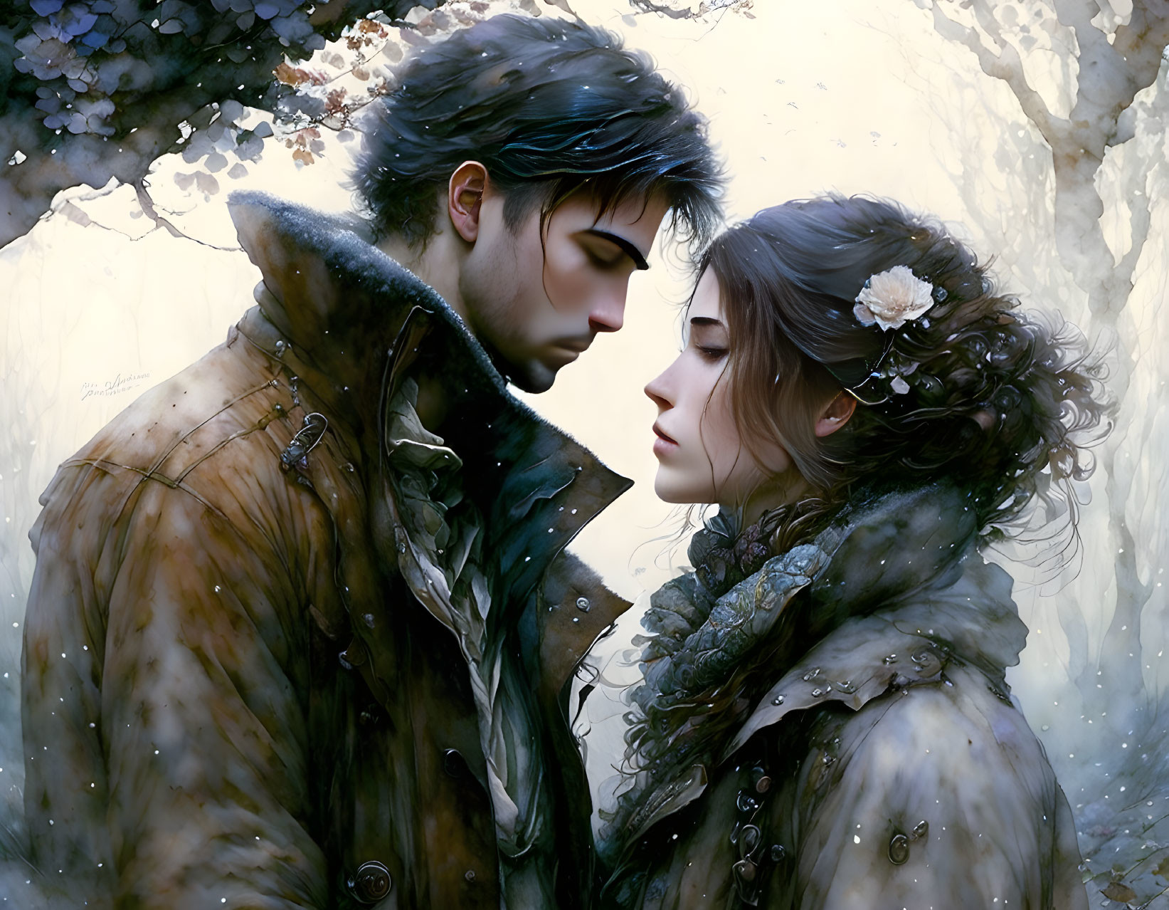 Romantic Couple in Snowy Scene Surrounded by Winter Blossoms