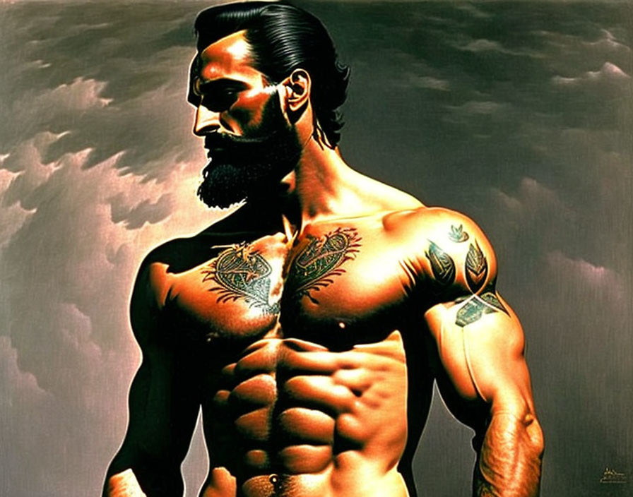 Muscular bearded man with chest and arm tattoos against cloudy background