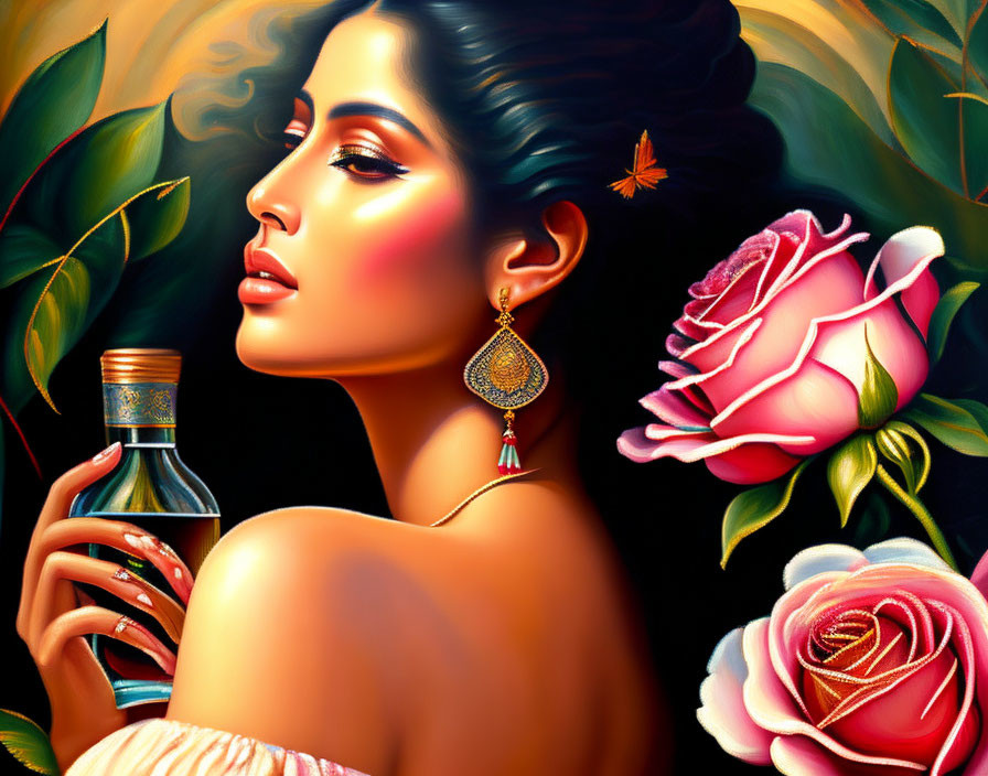 Illustrated portrait of woman with large earrings holding bottle, pink rose, leaves, and butterfly.