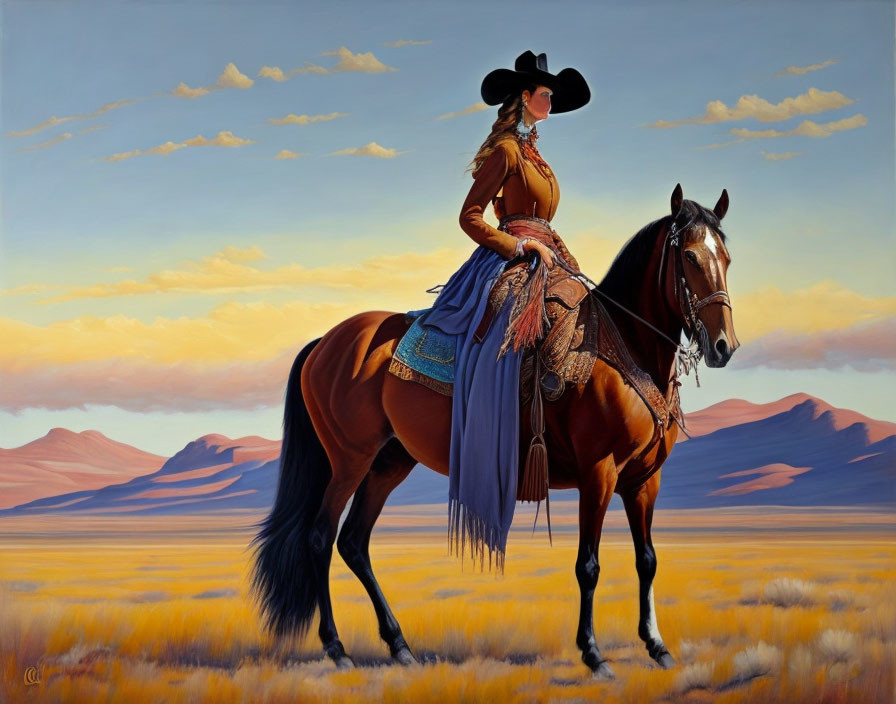 Woman in Western Attire Riding Horse in Desert Sunset