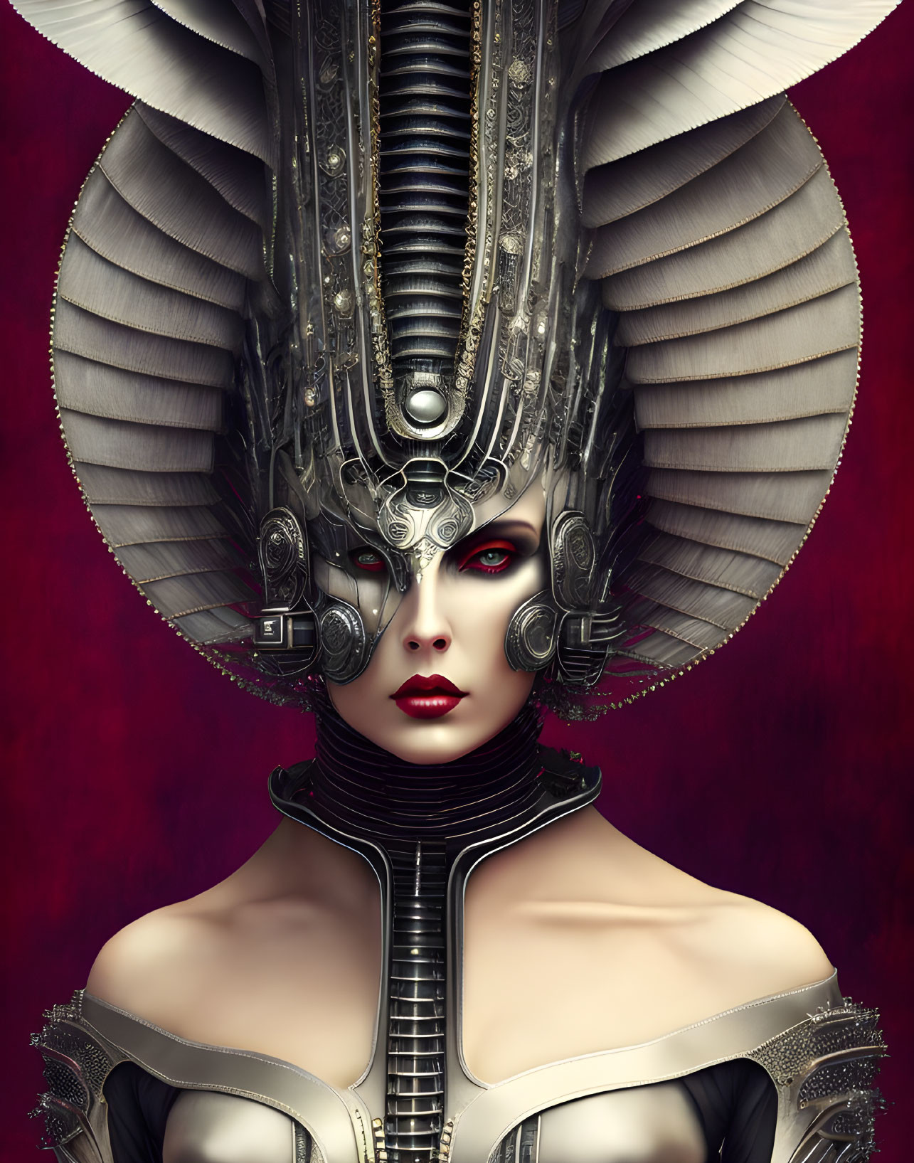 Female Figure with Ornate Robotic Headgear and Red Glowing Eyes on Crimson Background