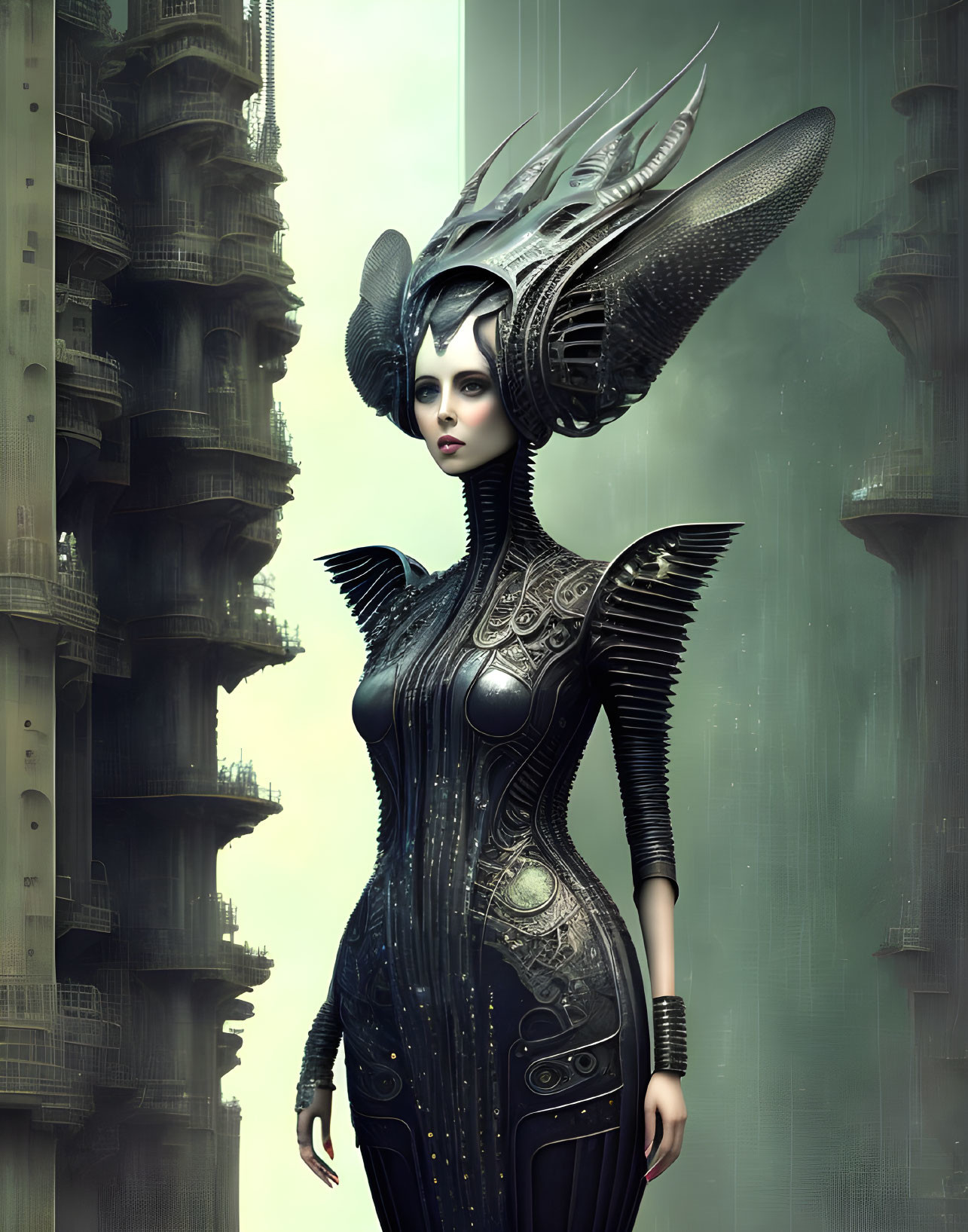 Futuristic female figure in metallic bodysuit against cityscape