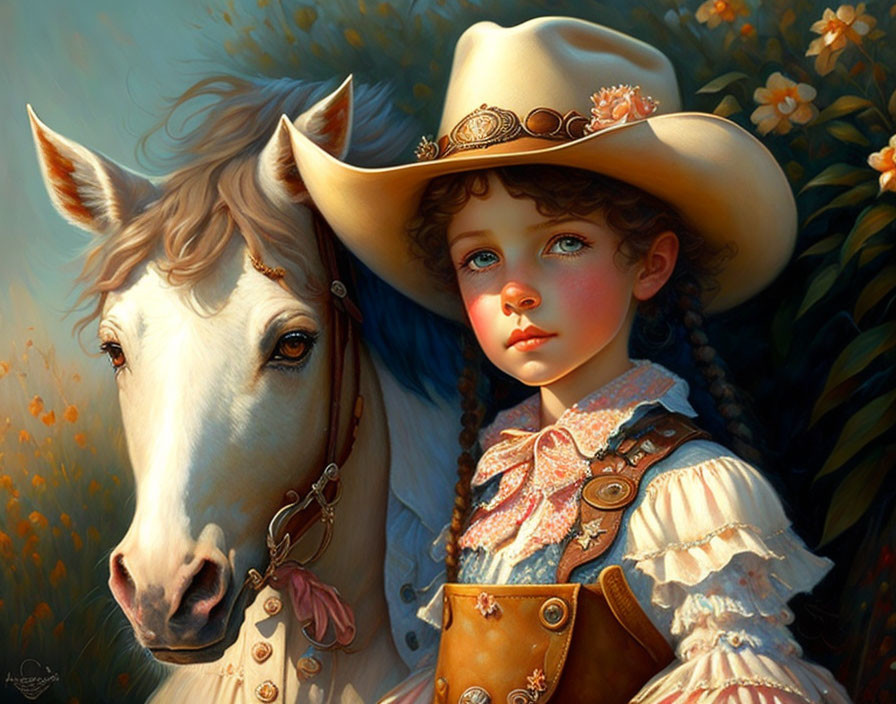 Young girl in cowgirl attire with braided hair beside white horse among flowers