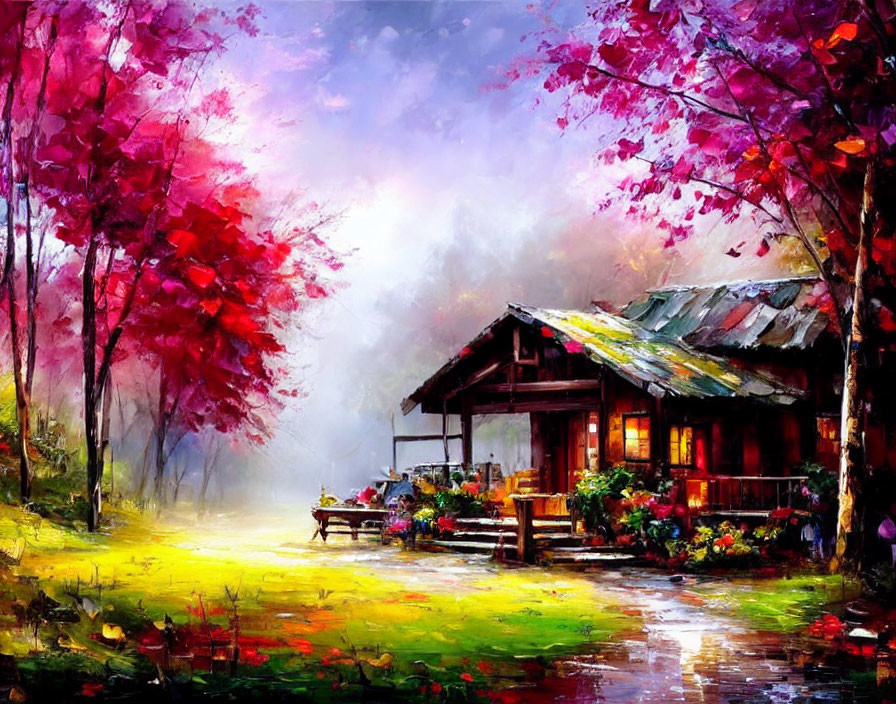 Autumn-themed oil painting of a cottage in a lush setting