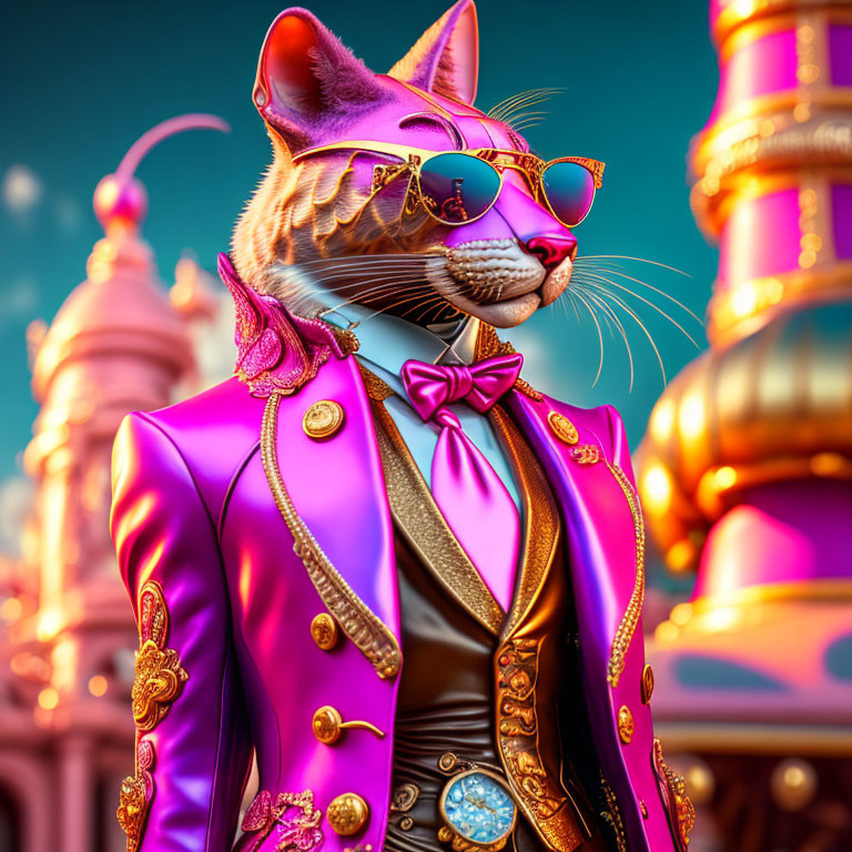 Anthropomorphic cat character in stylish attire on fantasy background