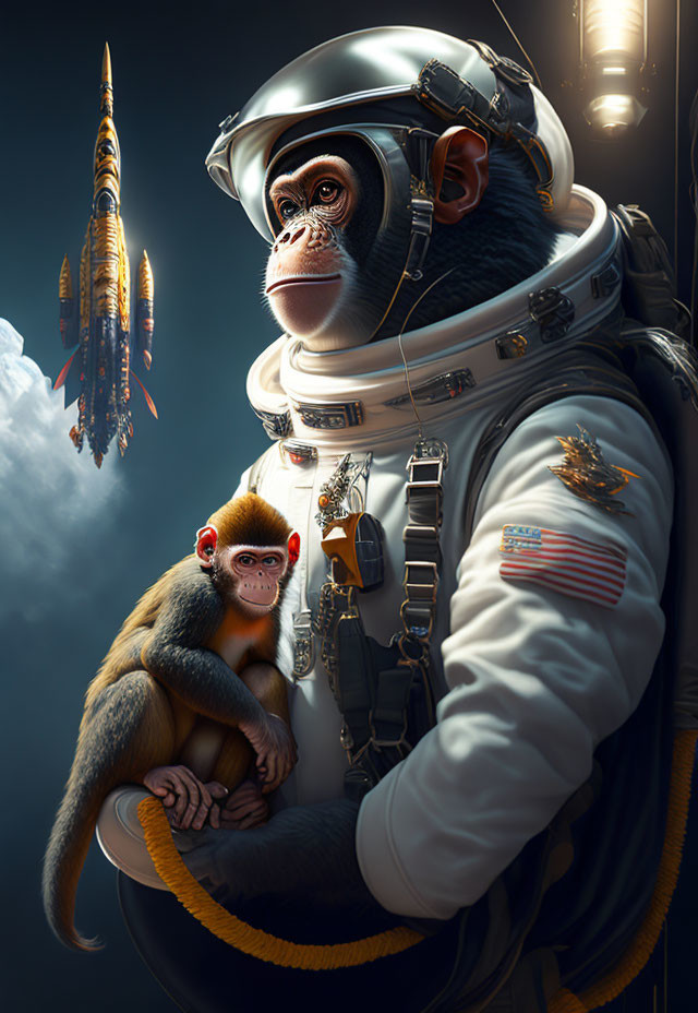 Digital artwork of astronaut chimpanzee holding baby monkey with rocket launch.