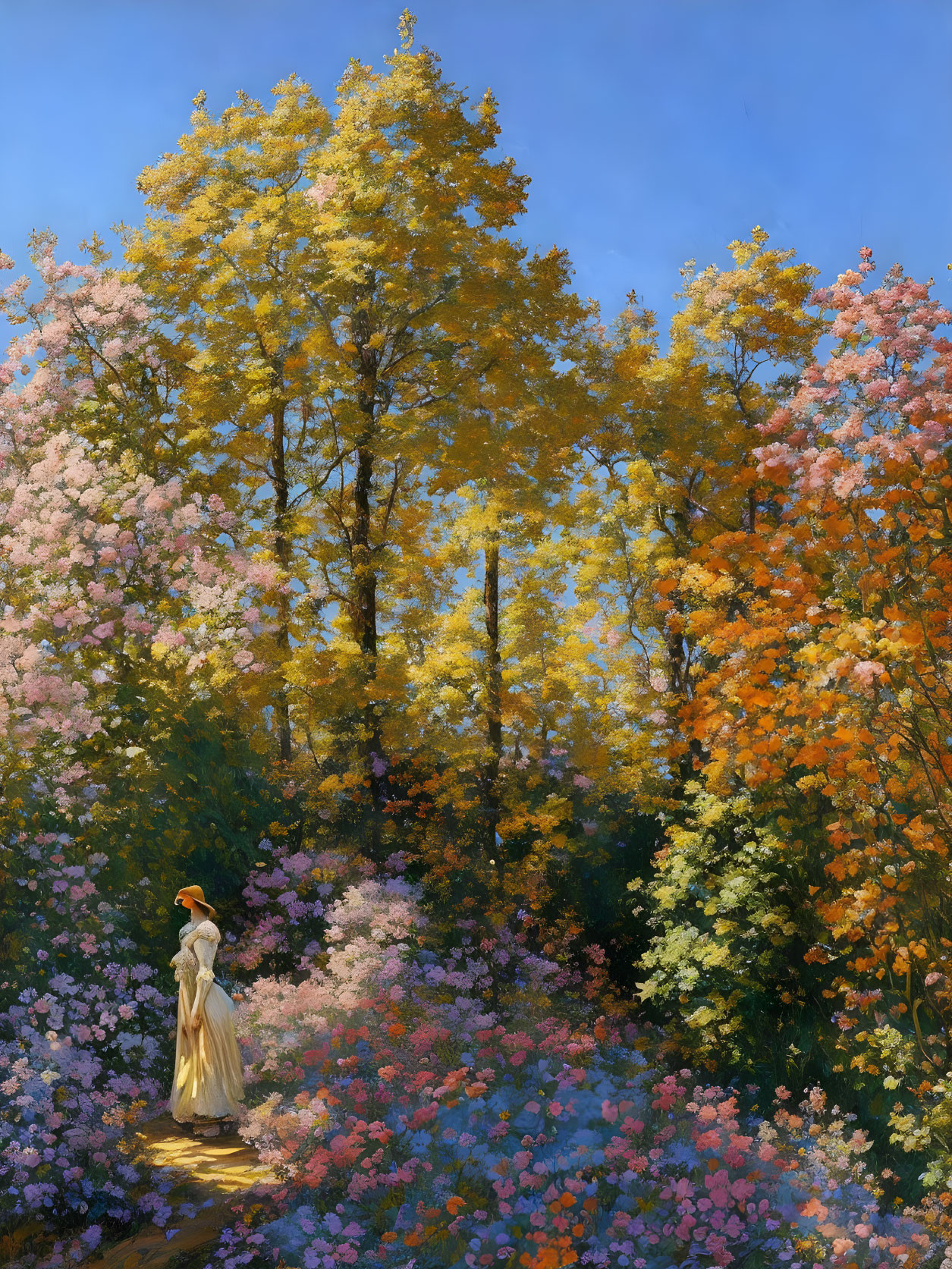 Woman in Dress Walking Through Vibrant Forest with Golden, Green, and Pink Foliage