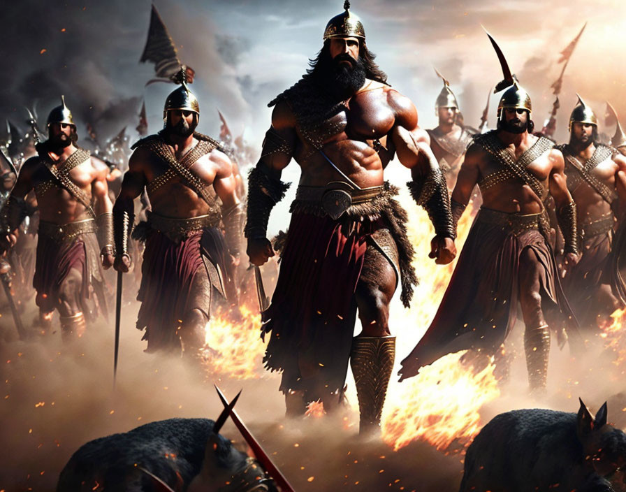 Muscular warriors in ancient armor marching through flames with spears and shields