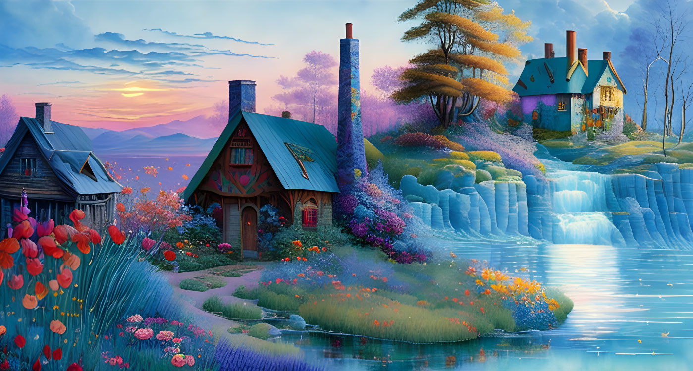 Colorful Fantasy Landscape with Whimsical Cottages and Waterfall