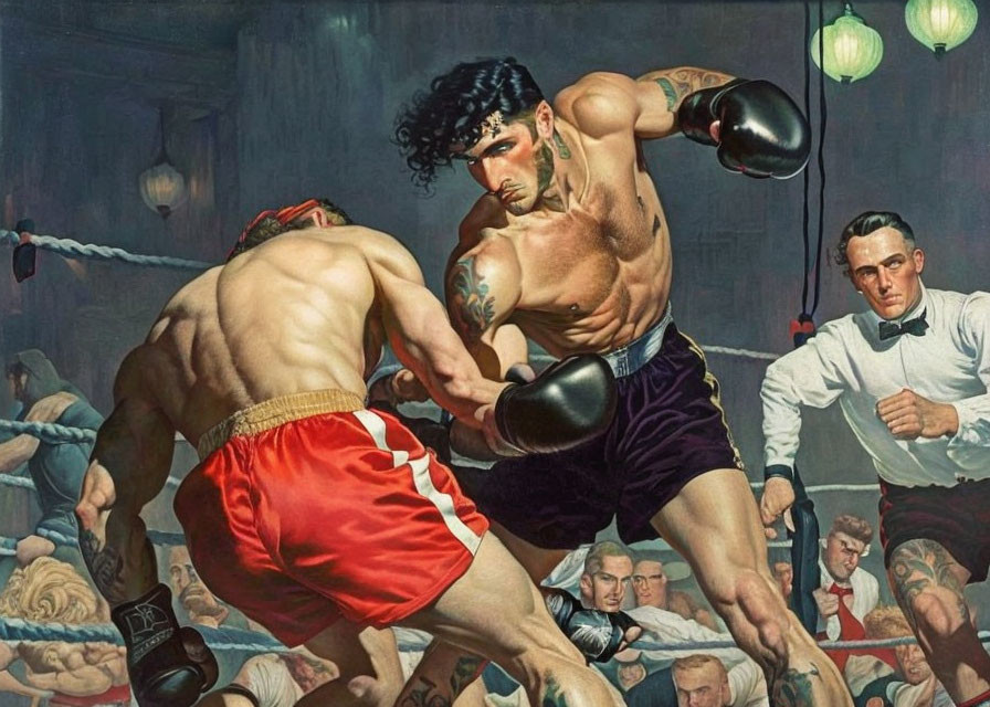 Detailed painting of muscular boxer throwing punch at opponent, with referee and crowd.