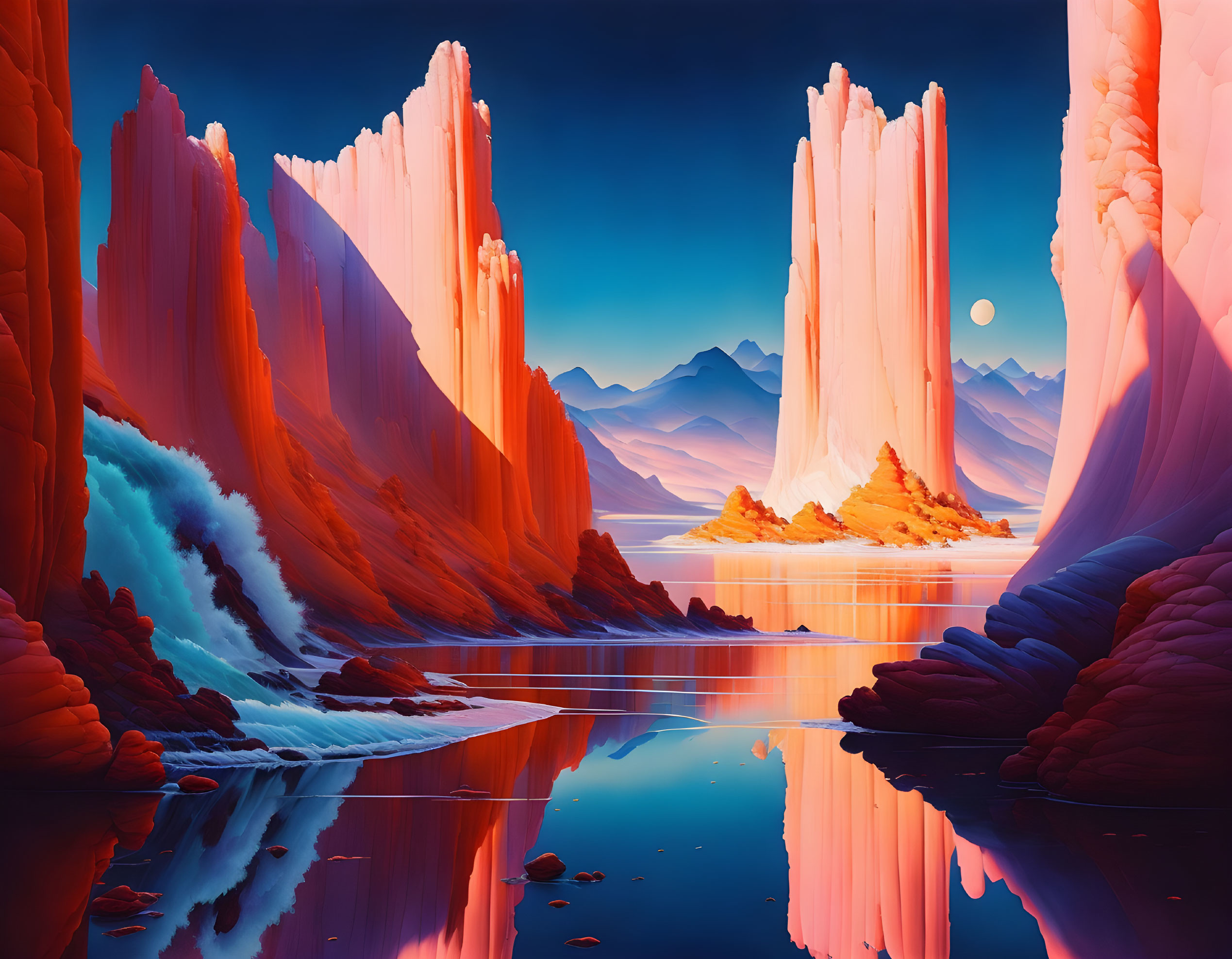 Surreal landscape with orange rocks, serene lake, cascading water