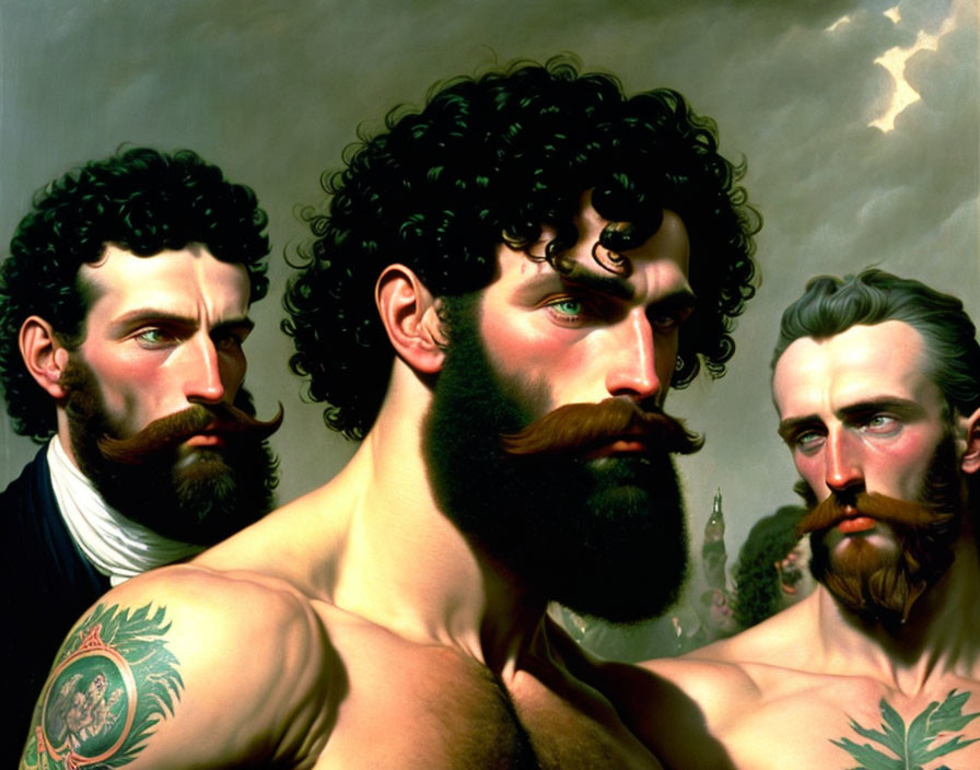 Three men with mustaches and tattoos on gradient background