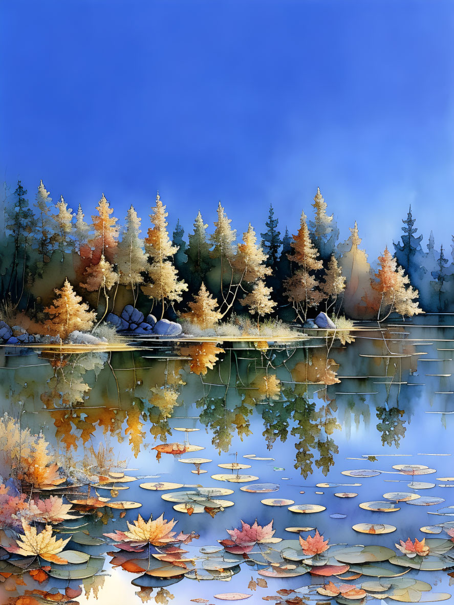 Tranquil autumn scene with lake, trees, fallen leaves, and lily pads