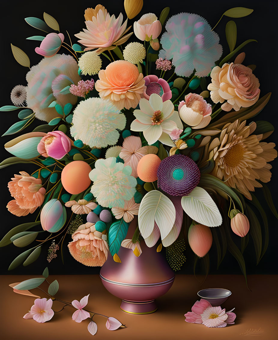 Detailed Floral Arrangement in Pink Vase on Dark Background