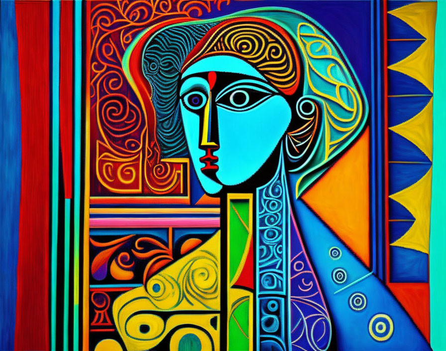 Colorful Cubist-Style Painting with Abstract Forms and Stylized Woman's Face