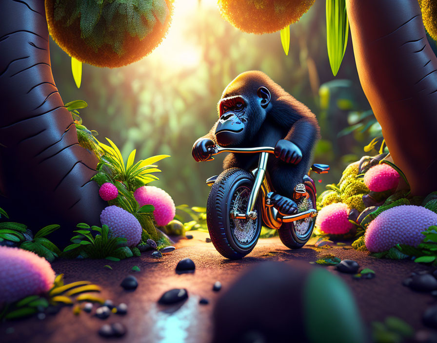 Stylized gorilla on tiny bike in vibrant forest with sunlight.