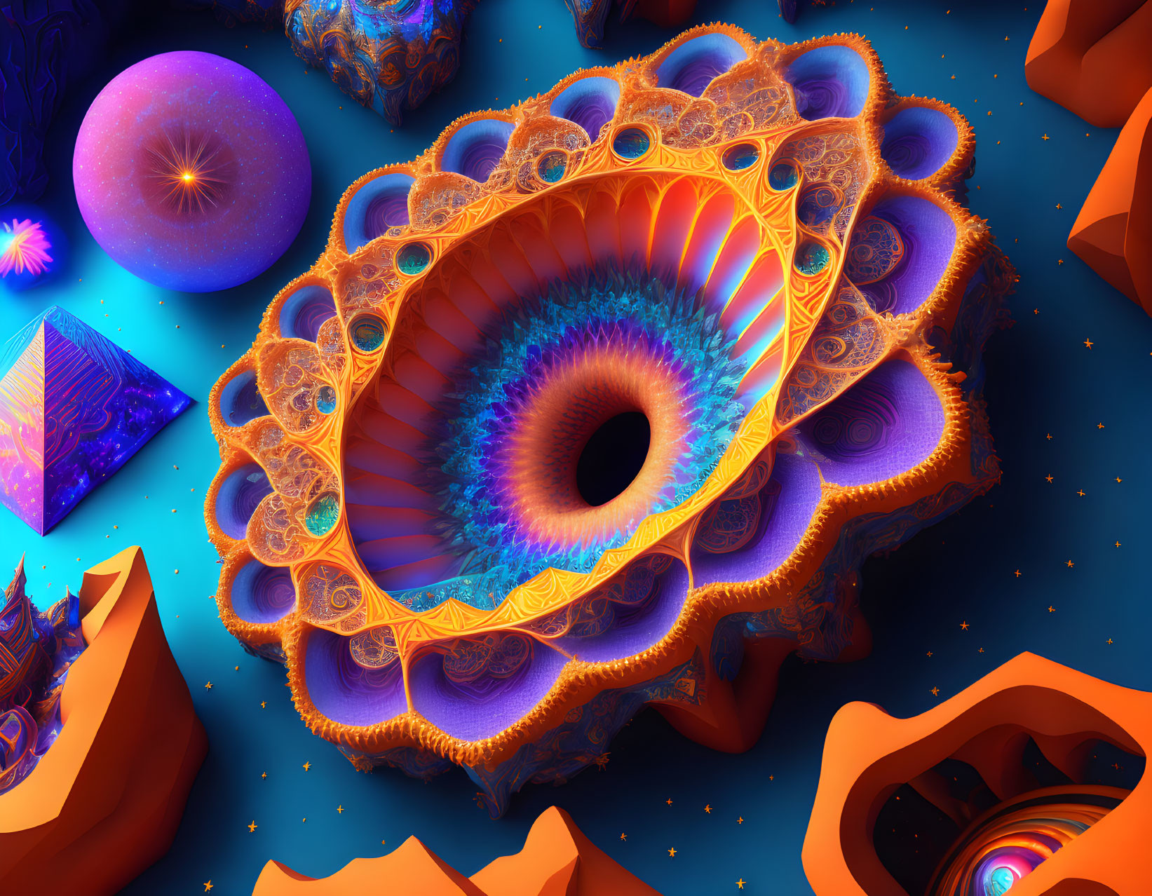 Colorful Fractal Design with Neon Patterns on Cosmic Background