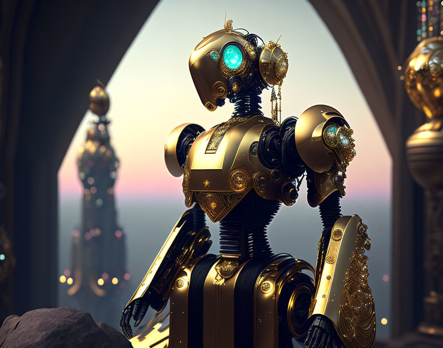 Golden ornate robot in Gothic arched window overlooking dusky skyline